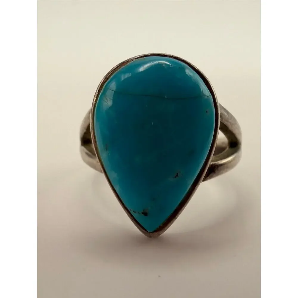 Vintage Sterling Silver 925 MK Thailand Pear Turquoise Cabochon Ring Size 8